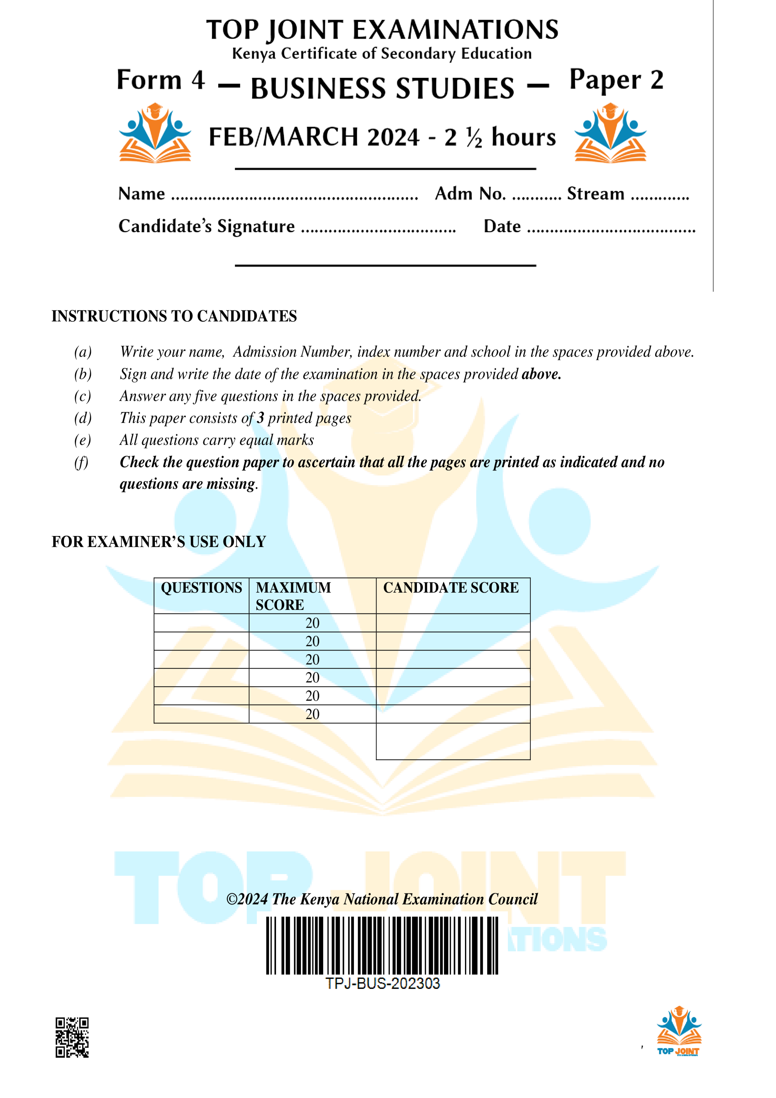 BUSINESS STUDIES FORM 4 PP2 MID 2024